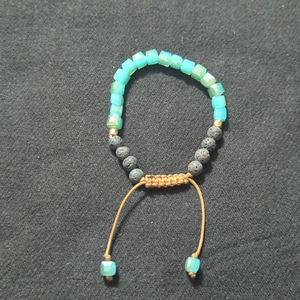 Gold Tone Blue Square Crystal Black Lava Stone Beaded Statement Bracelet